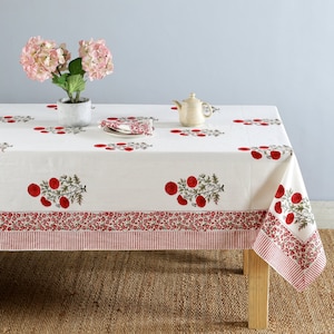 Indian Red Poppy Flower Block Print tablecloth Cotton Table Cover Table Runner Linens With 6 Pcs Napkins Set Kitchen Dining Table Boho Decor