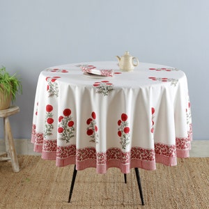 Tovaglia rotonda con stampa a blocchi di fiori di papavero rosso indiano, tovaglia stampata a mano, copritavolo in cotone floreale, copritavolo circolare da pranzo