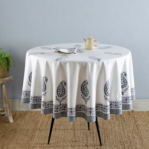 Blue Paisley Round Tablecloth, Wedding Table Decor, Cotton Floral Hand Block Print, Dining Table Cover, Napkins Set 60&quot;, 72&quot;, 90&quot;