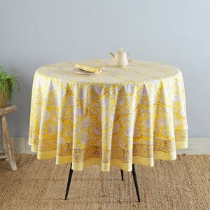 Yellow, White Cotton Lotus Flower Hand Block Printed Round Tablecloth, Wedding Table Decor, Dining Table Cover Napkins Set, 60&quot;, 72&quot;, 90&quot;