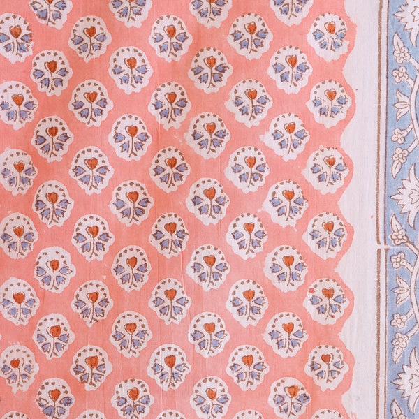Fabric by Yard Pink, Blue Indian Floral Block Printed Cotton Cloth for Gift Dress Bags Womens Clothing Cushion Curtain 100% Cotton Fabric