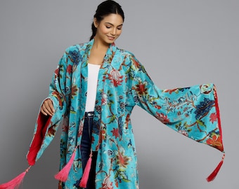 Long Velvet Jacket Fabric Kimono Cotton Velvet Robe Long OFMD break up robe Turquoise Floral Printed Kimono With Tassels THEBLOCKPRINT