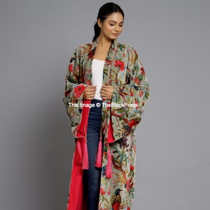 OFMD Green Bird Velvet Banyan Fabric Kimono Velvet Robe Long,  Original OFMD break up robe Printed Kimono With Tassels