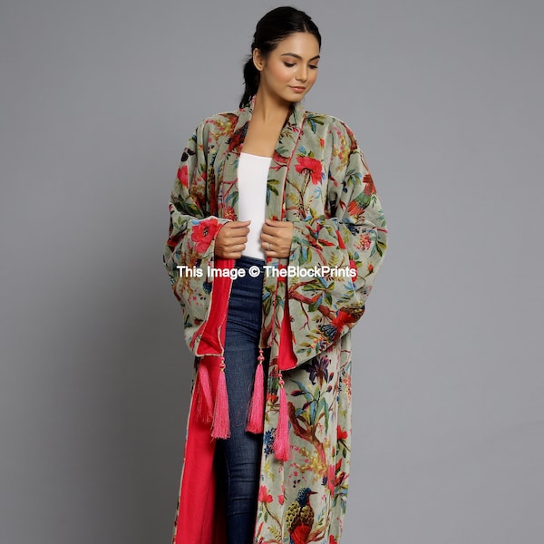 OFMD Green Bird Velvet Banyan Fabric Kimono Velvet Robe Long,  Original OFMD break up robe Printed Kimono With Tassels