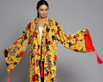 Long Velvet Jacket Floral Printed Velvet Banyan Fabric Kimono Cotton Velvet Robe Long OFMD break up robe Printed Kimono With Tassels