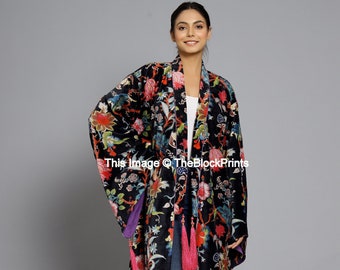 Black Floral Velvet Banyan Fabric Kimono Cotton Velvet Robe Long