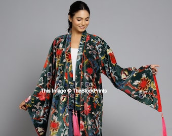 OFMD Green Velvet Banyan Fabric Kimono Cotton Velvet Robe Long,  Original OFMD break up robe Printed Kimono With Tassels