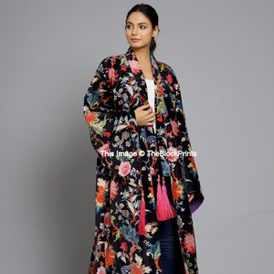 Black Floral Velvet Banyan Fabric Kimono Cotton Velvet Robe Long, Original OFMD break up robe Printed Kimono With Tassels THEBLOCKPRINT image 3