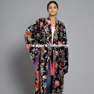 Black Floral Velvet Banyan Fabric Kimono Cotton Velvet Robe Long, Original OFMD break up robe Printed Kimono With Tassels THEBLOCKPRINT image 1