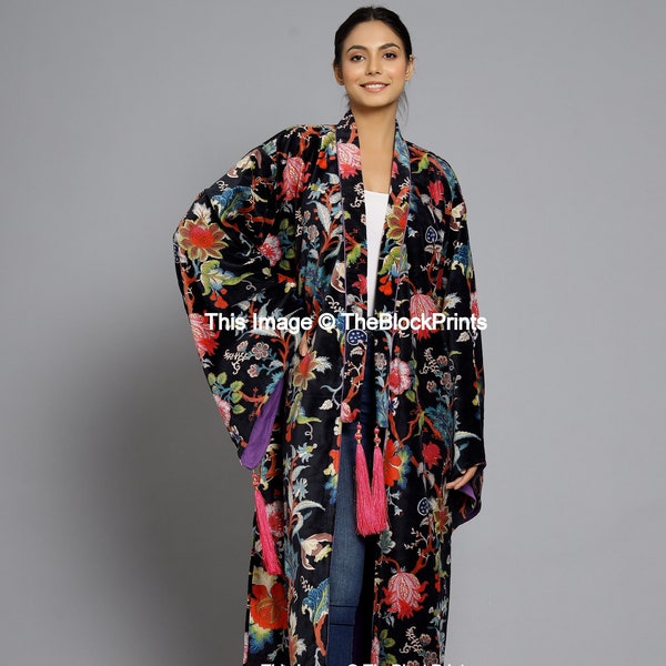 Black Floral Velvet Banyan Fabric Kimono Cotton Velvet Robe Long,  Original OFMD break up robe Printed Kimono With Tassels THEBLOCKPRINT