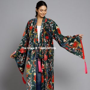 OFMD Green Velvet Banyan Fabric Kimono Cotton Velvet Robe Long,  Original OFMD break up robe Printed Kimono With Tassels