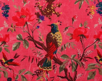 printed Velvet Fabric Indian Fabric Floral PINK BIRD Print Fabric upholstery Fabric fabric for lampshade fabric for curtain quilting fabric