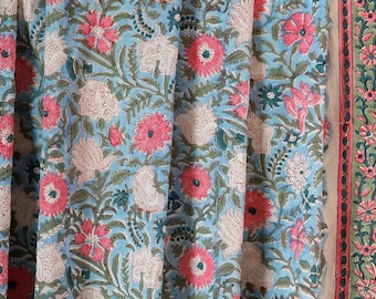 Blue Pink Hand Block Print Floral Fabric, Cotton Quilting Fabric by the yard, India Fabric, Fabric for Sewing Dress curtain  Craft