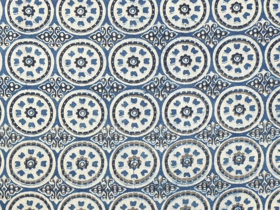 Hand Block Printed Indigo Blue & Beige Cotton Indian Ajrakh Fabric Vintage Sewing Upholstery Light Weight Fabric By The Yard Dress Making