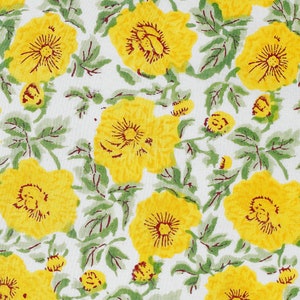 Hand Block Print 100% Cotton Fabric by the yard, 45&quot; wide, Bohemian Sewing & Craft Supplies from India, White Yellow Sun Flower Print