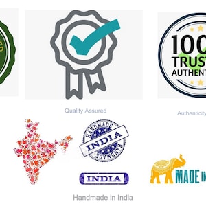 May include: A set of nine badges and stamps with various designs and text, including "Ethically Sourced", "Quality Assured", "100% Trusted Authenticity", "Handmade India", and "Made in India".