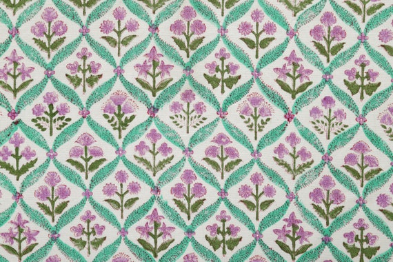 Cotton Canvas Fabric by the Yard Hand Block Printed Cotton Duck Purple Liliy Flower , Great fabric for making bags and home decor Width 50"