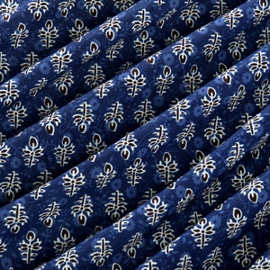 By The Yard Leaf Print Indigo Blue Hand Block Printed Cotton Light Weight Soft Fabric Natural Vegetable Dye Summer Baby Cloth Fabric