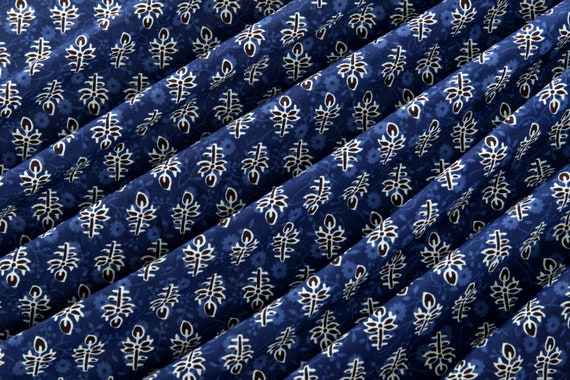 By The Yard Leaf Print Indigo Blue Hand Block Printed Cotton Light Weight Soft Fabric Natural Vegetable Dye Summer Baby Cloth Fabric