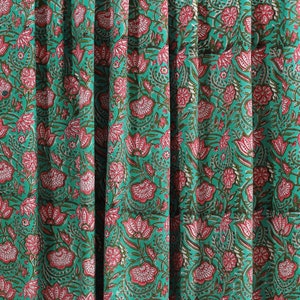 Green Pink Lotus Floral Hand Block Printed Cotton Canvas Fabric by the Yard Great fabric for making bags and home decor Outdoor Cushion 50" image 1