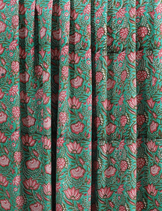Green Pink Lotus Floral Hand Block Printed Cotton Canvas Fabric by the Yard Great fabric for making bags and home decor Outdoor Cushion 50"