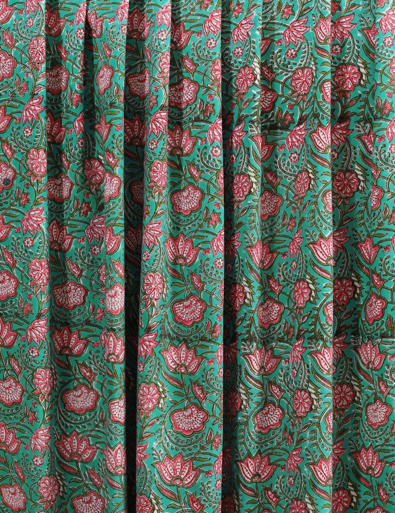 Green Pink Lotus Floral Hand Block Printed Cotton Canvas Fabric by the Yard Great fabric for making bags and home decor Outdoor Cushion 50" image 1