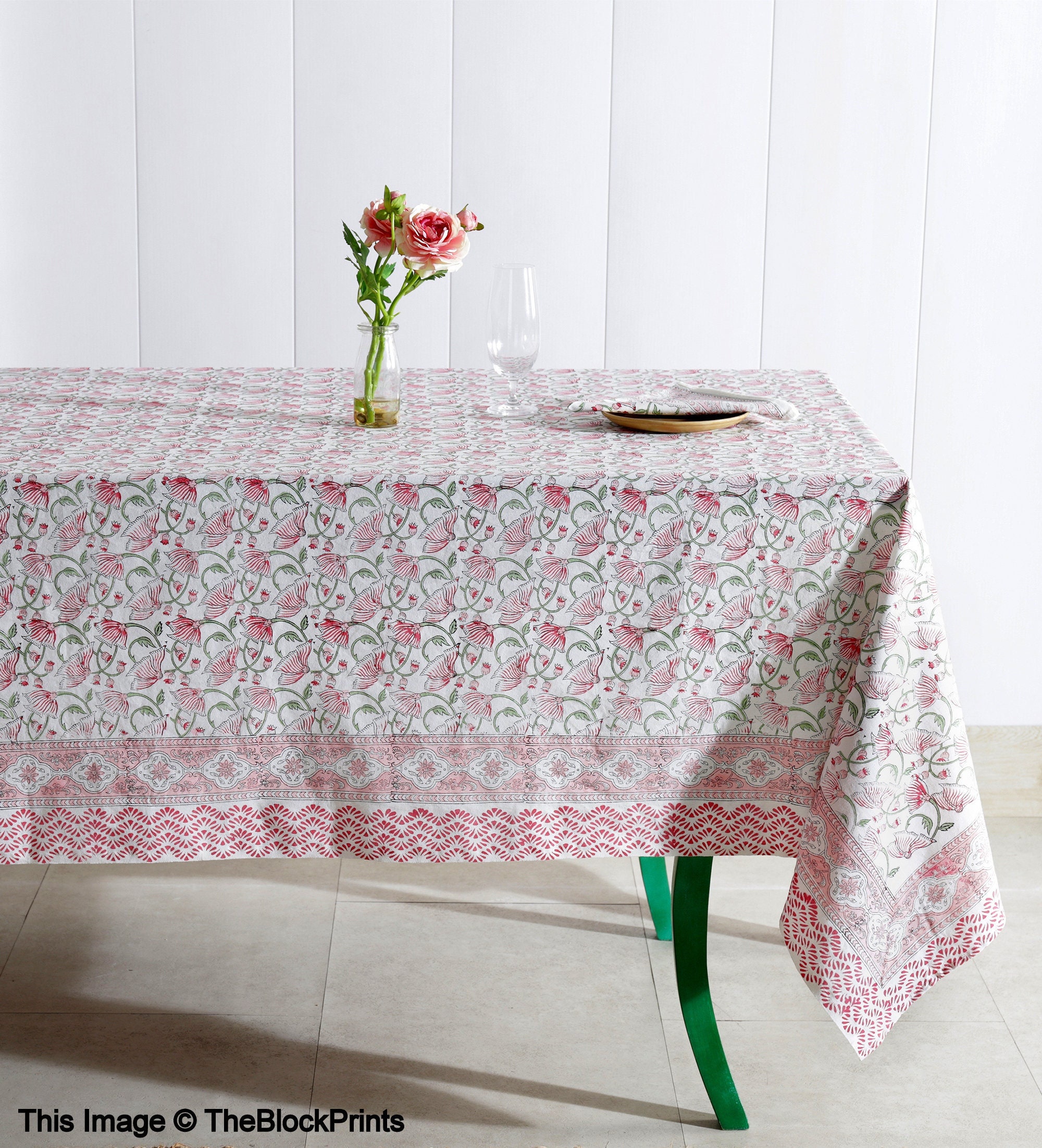 Green and flamingo pink on white Flower Design Hand Block Print Table Cloth Table Cover And Linen Set Gift For Mom and Gift