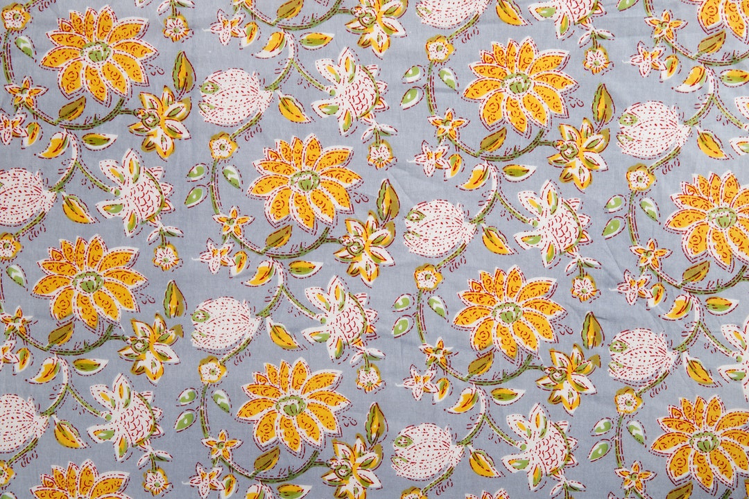Gray Beautiful Hand Block Printed Flower Fabric Cotton Etsy