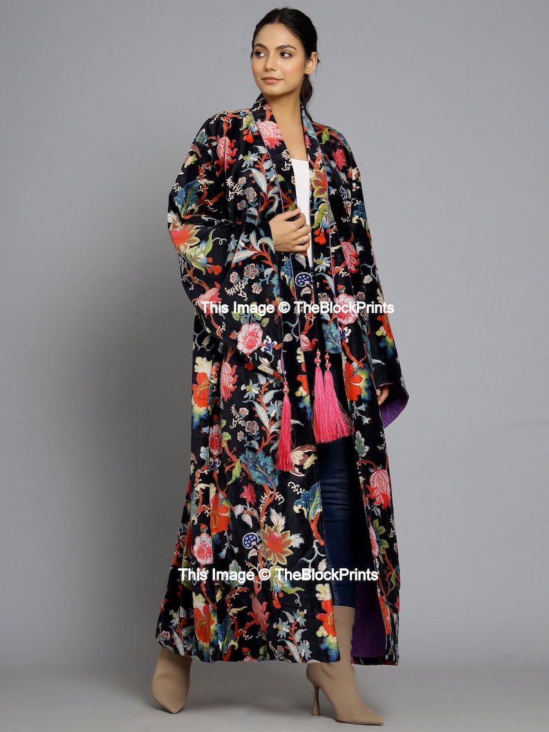 Black Floral Velvet Banyan Fabric Kimono Cotton Velvet Robe Long, Original OFMD break up robe Printed Kimono With Tassels THEBLOCKPRINT image 3