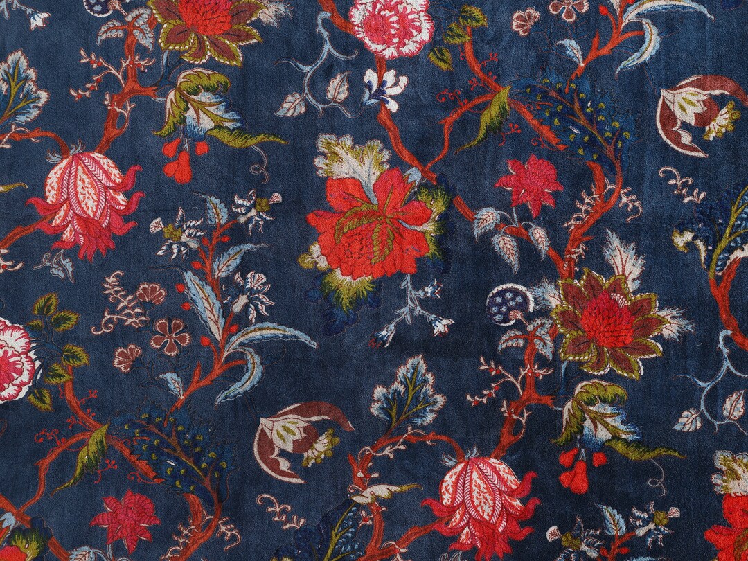 Navy Blue Velvet Fabric Floral Velvet Fabric Indian Fabric Printed