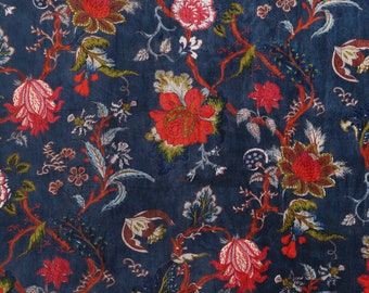 Tessuto in velluto blu navy, tessuto in velluto floreale, tessuto indiano, tessuto in velluto stampato per tappezzeria, cuscino per tende, creazione di abiti, tessuto di cotone