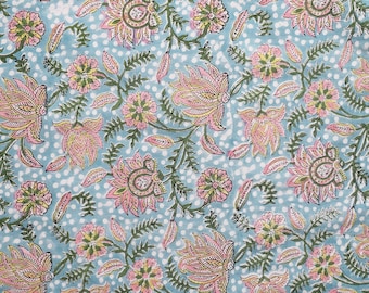 Hand Block Print Cotton Fabric, Jaipur Floral Textile, Dressmaking Sewing Material Soft sky blue with white polka dots fabric by the Yard