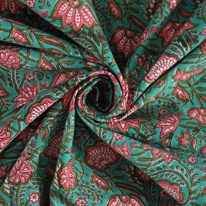 Green Pink Lotus Floral Hand Block Printed Cotton Canvas Fabric by the Yard Great fabric for making bags and home decor Outdoor Cushion 50" image 2