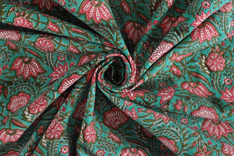 Green Pink Lotus Floral Hand Block Printed Cotton Canvas Fabric by the Yard Great fabric for making bags and home decor Outdoor Cushion 50" image 2