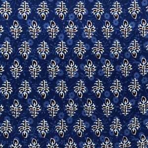 May include: A blue fabric with a white and black floral pattern. The pattern is a repeating design of small flowers and leaves.