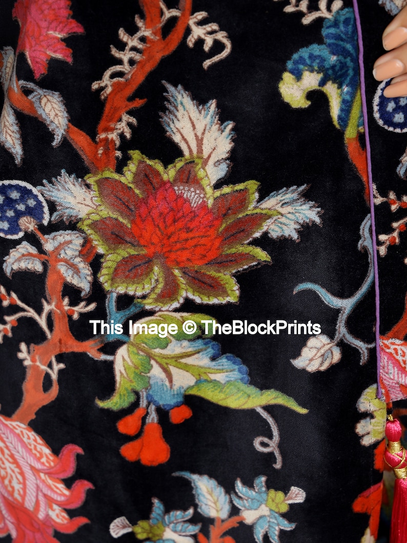 Black Floral Velvet Banyan Fabric Kimono Cotton Velvet Robe Long, Original OFMD break up robe Printed Kimono With Tassels THEBLOCKPRINT image 6
