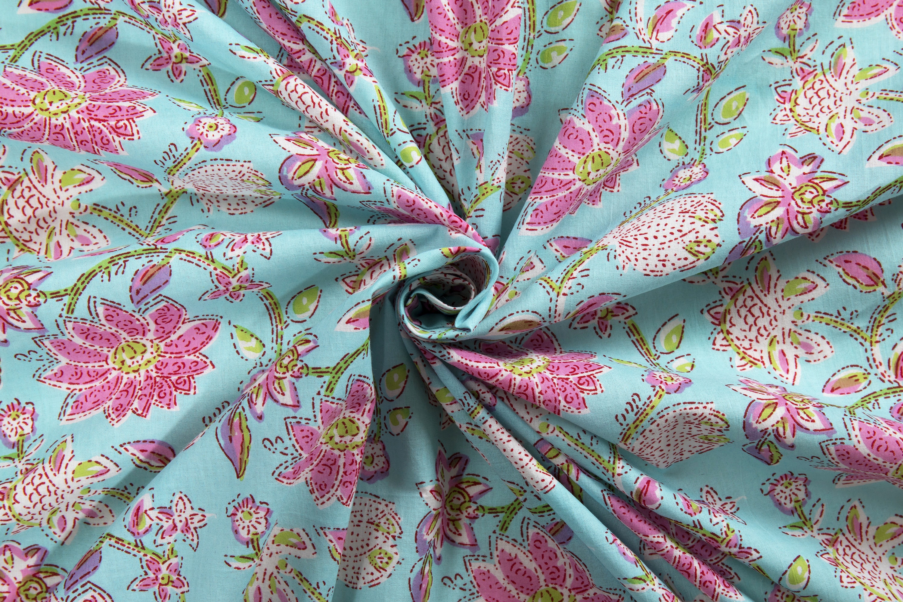 sea-green-pink-lotus-flower-print-fabric-hand-block-print-etsy