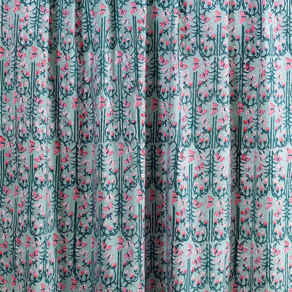 Green Floral Print Block Print Fabric, Indian Cotton Fabric, Dressmaking Fabric, Butterfly Print Cotton Fabric, Sewing Fabric, Kids Fabric