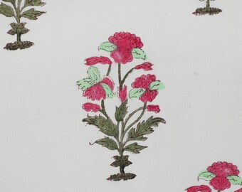 May include: A white background with a repeating pattern of pink and green flowers. The flowers have a traditional Indian design.