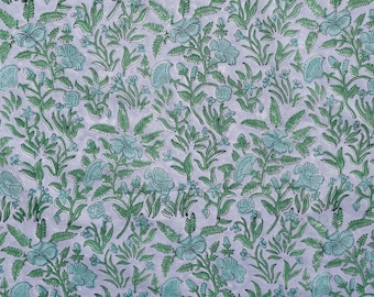 Grey Green Indian Floral Hand Block Printed Pure Cotton Cloth, Fabric by the yard, Women's Clothing Curtains Pillows Cushion Cover Bag 44"