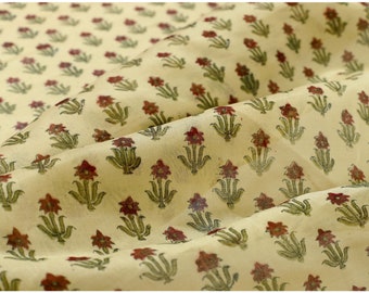 Floral Soft Beige Chanderi Silk Fabric, Premium Hand Block Printed Tiny Floral Indian Material Traditional Dress Fashion Sewing Fabric by yd