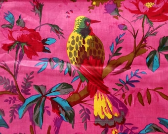 Pink Bird Print Cotton Fabric, Sewing Kimono Fabric, Dressmaking banyans Fabric, Indian Fabric By The Yard, Craft Fabric, Upholstery Fabric