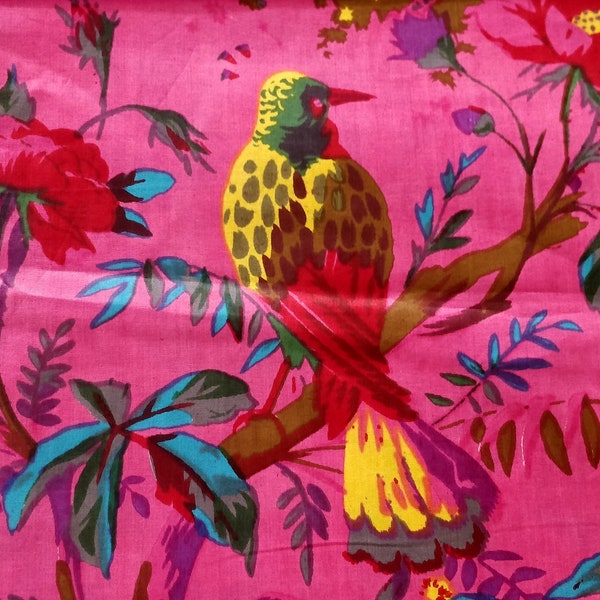 Tissu en coton imprimé oiseau rose, couture tissu kimono, couture banian, tissu indien par mètre, tissu artisanal, tissu d'ameublement