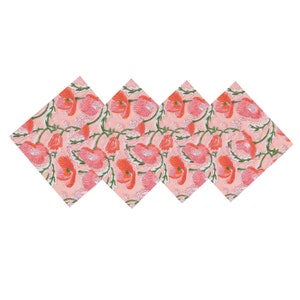 Peach, Pink & Green Indian Poppy Floral Hand Block Printed Cotton Napkins Wedding Event Home Restaurant 9x9"- Cocktail 20x20"- Dinner