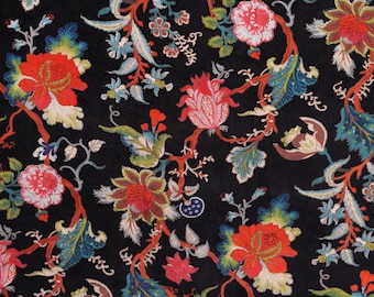 Indian Velvet Fabric, Floral Hand print, Fabric by the Meter, 110cm Width, Upholstery, Chair, Sofa, Cushion Fabric Black Color Cotton Velvet