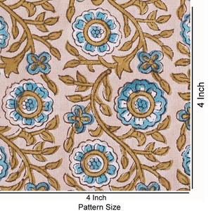 May include: A 4-inch square fabric with a repeating pattern of blue and brown floral designs on a light pink background.  The pattern size is 4 inches.