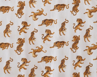 White Brown tiger Hand print Indian Hand Block Printed Fabric,Pure 100% Cotton Sewing/Quilting/Kaftan Making fabric/Baby clothing Fabric