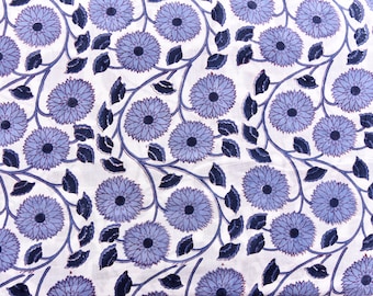 Indian Hand Block Print Fabric--Hand Dyed/Hand Printed--White & Blue Sun Flower Hand Block Cotton Fabric--Indian Cotton Fabric by 1 to 20 YD