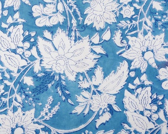 Ocean Blue Floral Print Fabric, Hand Block Print India Fabric Sold by yard, Block Print Fabric, Fabric For Dress, Beautiful Fine Print