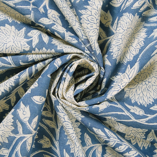Beautiful Hand Block Printed Blue Fabric, Cotton Fabric, Indian Fabric, fabric by yard, Block Printed Cotton womens clothing robe